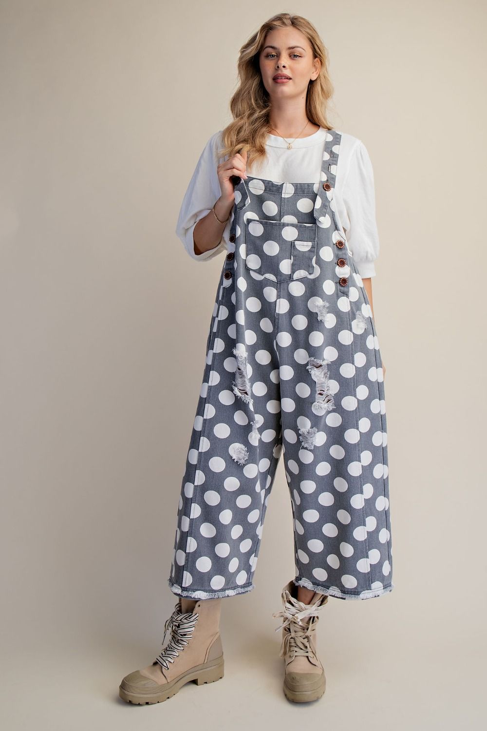 Polka Dot Wide Leg Cropped Denim Overalls