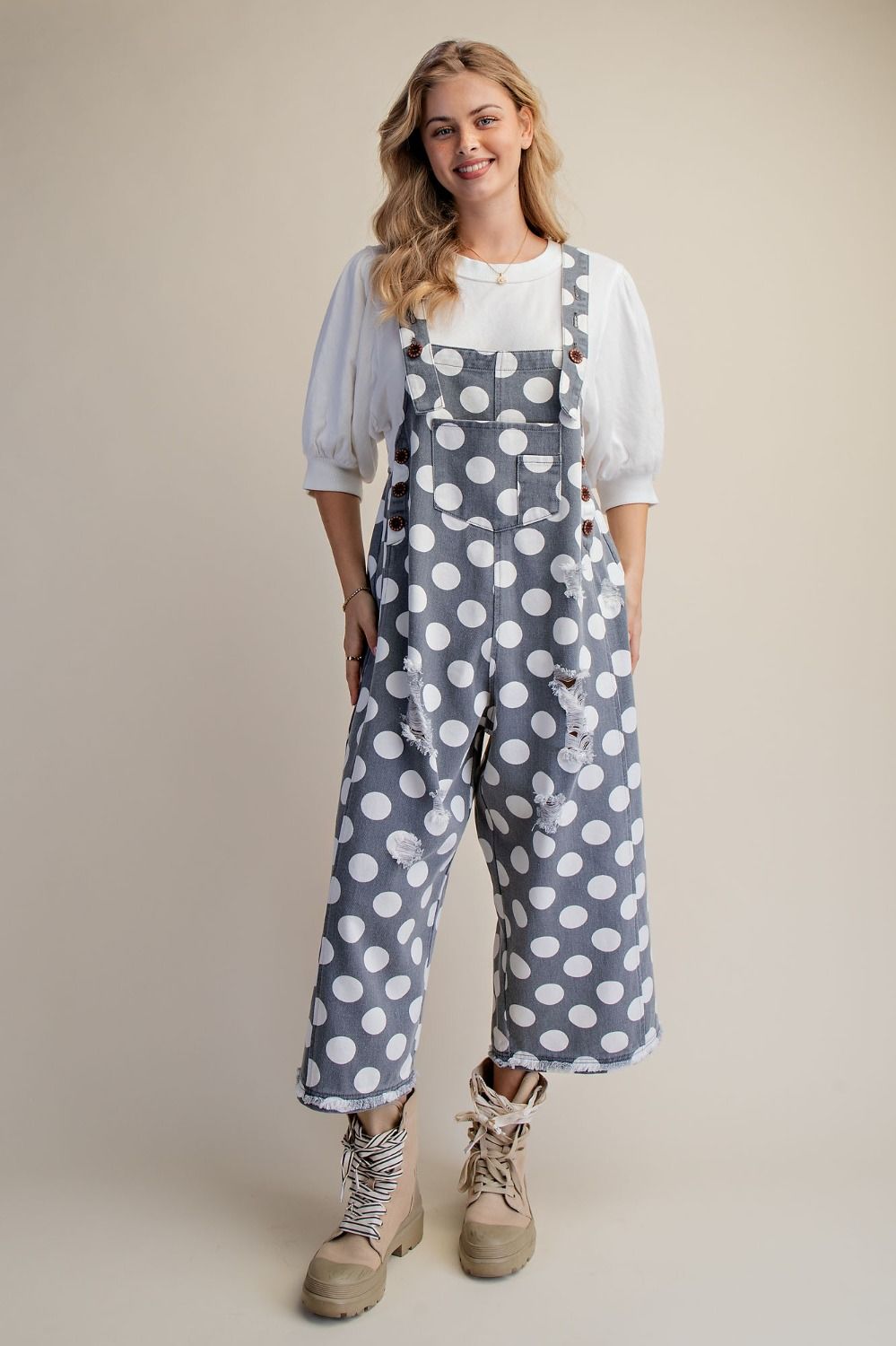 Polka Dot Wide Leg Cropped Denim Overalls