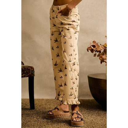 MALLARD DUCK PRINT RUFFLE LEG PANTS
