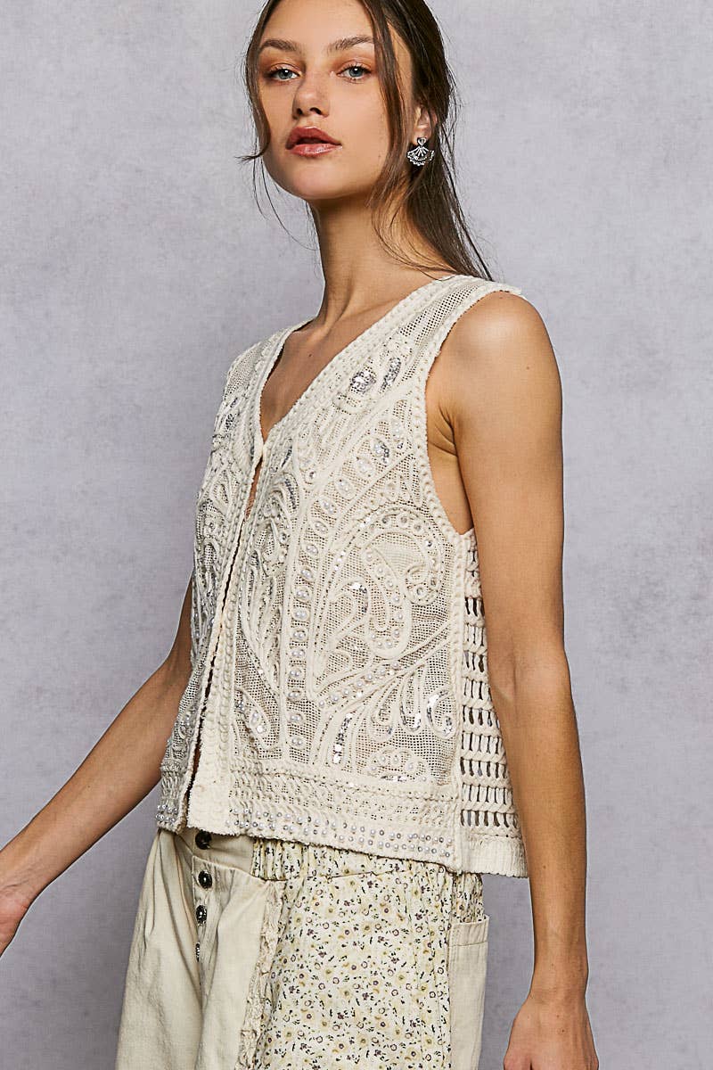 Pearl Stud Embroidery Sequin Vest