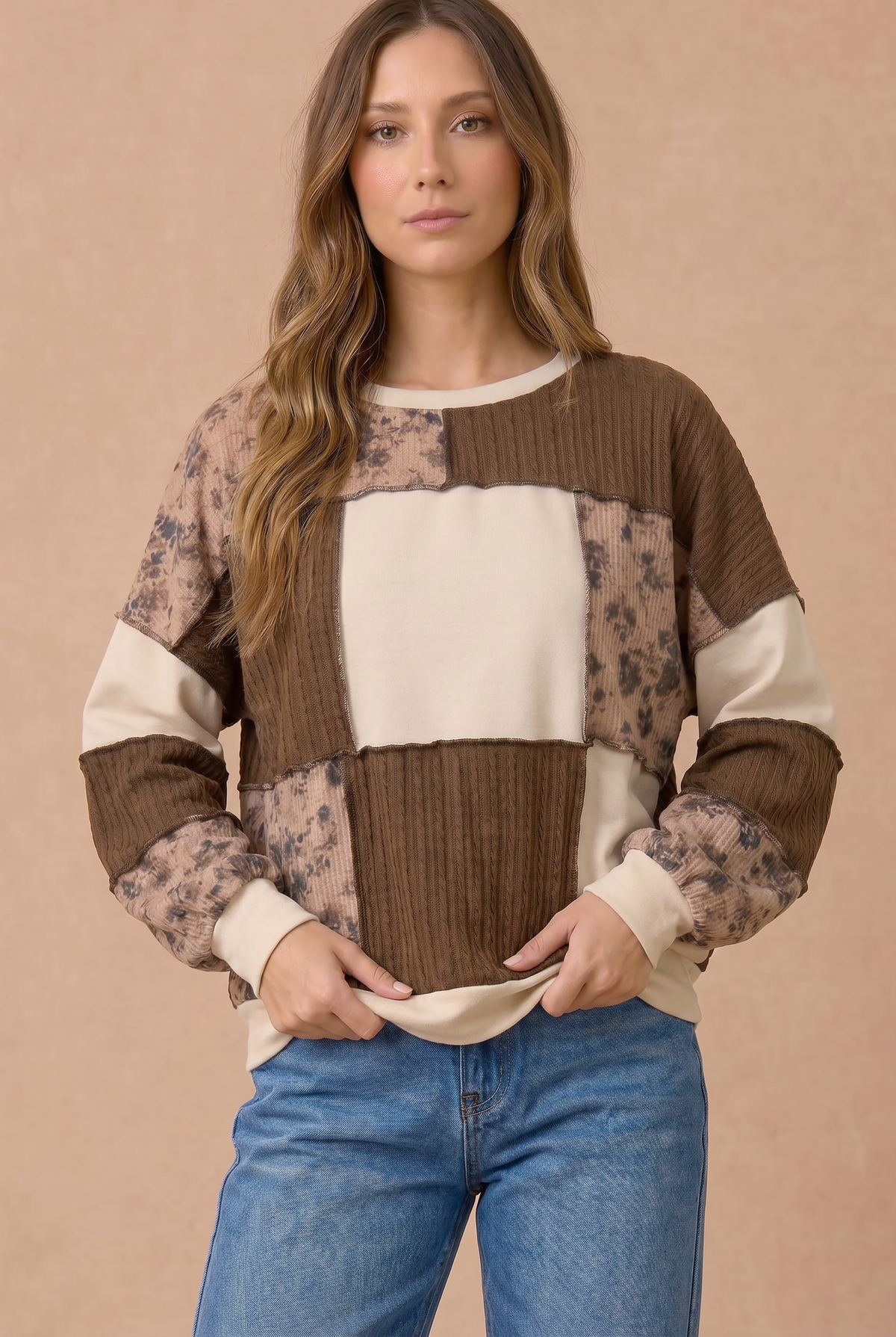 Floral and Cable Knit Patchwork Top