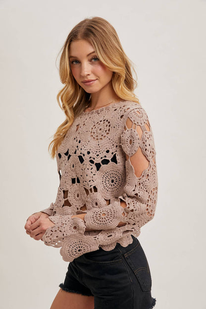 BELL SLEEVED SHEER CROCHET TOP