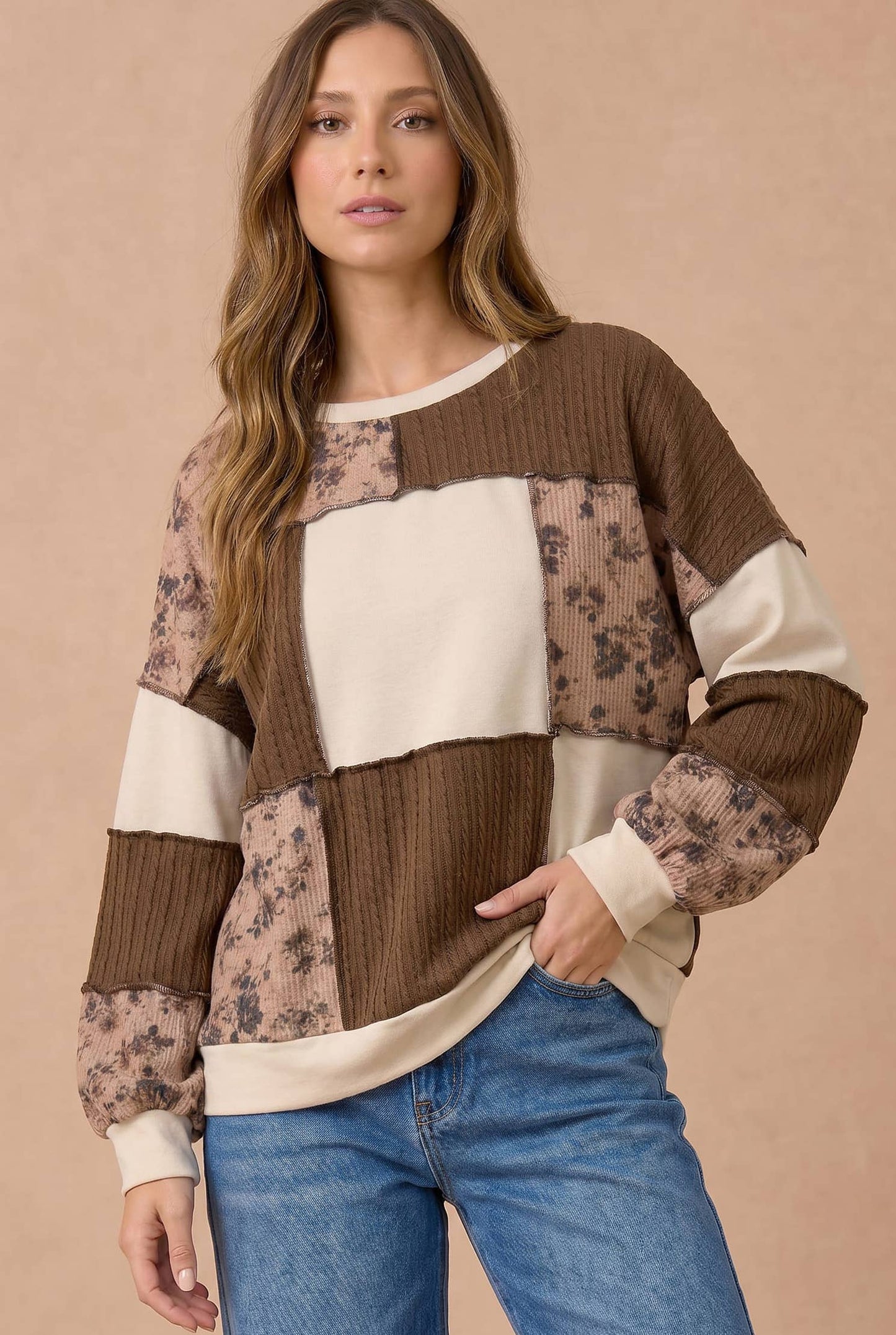 Floral and Cable Knit Patchwork Top